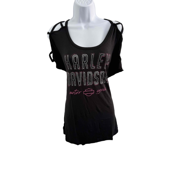Harley-Davidson Black Cold Shoulder Distressed Print Criss Cross Top T-Shirt M - Picture 2 of 6
